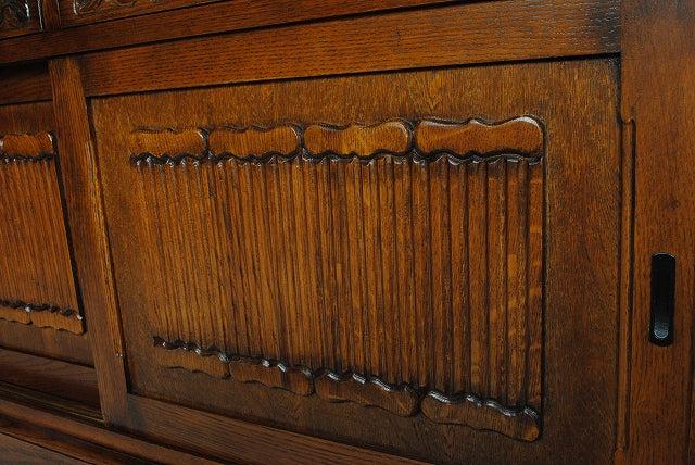 キャビネット 120cm ステンドグラス入り カップボード オーク 完成品 木製 レトロ