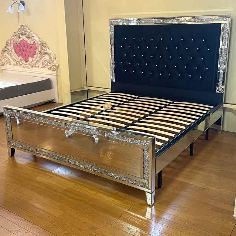 ミラー家具 キングベッド ベッドフレーム 鏡張り ブラック&シルバー