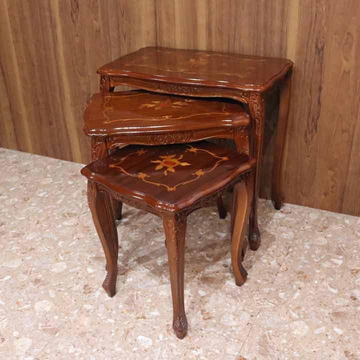 イタリア ネストテーブル 3個セット 花台 猫脚 象嵌 ローテーブル 650