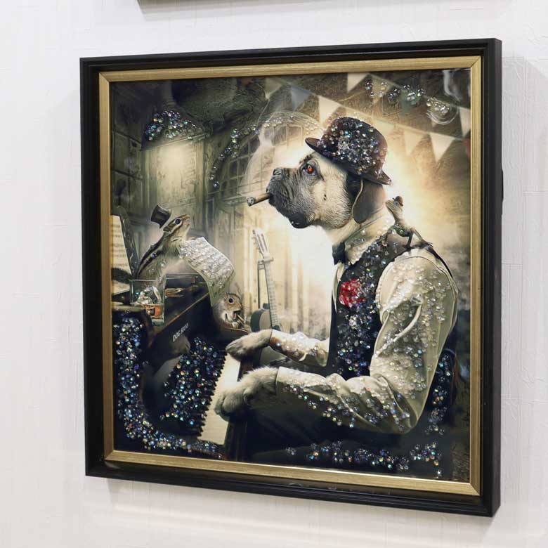 アートフレーム ワンツァルト 41㎝ クリスタルピクチャー ウォールデコ 犬/ピアノ