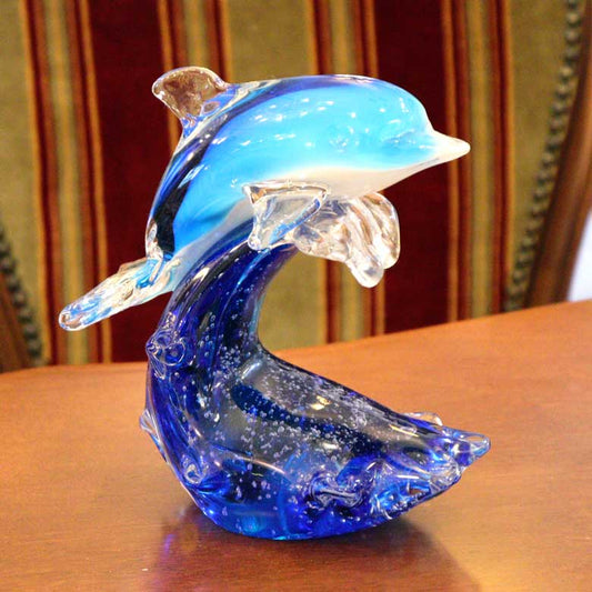 ガラスの置物 イルカ 波乗り ドルフィン オーナメント ガラス雑貨 オブジェ 硝子彫刻
