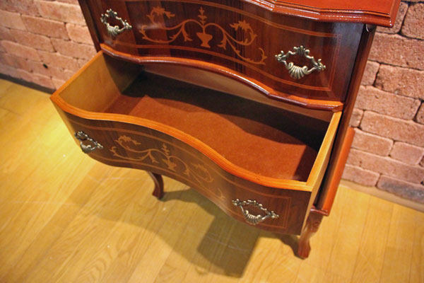 イタリア 4段 チェスト 茶 58m 象嵌 猫脚 044