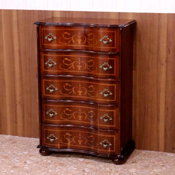 チェスト 木製 5段 完成品 茶 58cm 象嵌 036
