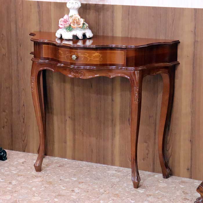 コンソールテーブル 木製 引出付き 完成品 茶 88cm 象嵌 猫脚 050