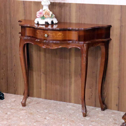 コンソールテーブル 木製 引出付き 完成品 茶 88cm 象嵌 猫脚 050