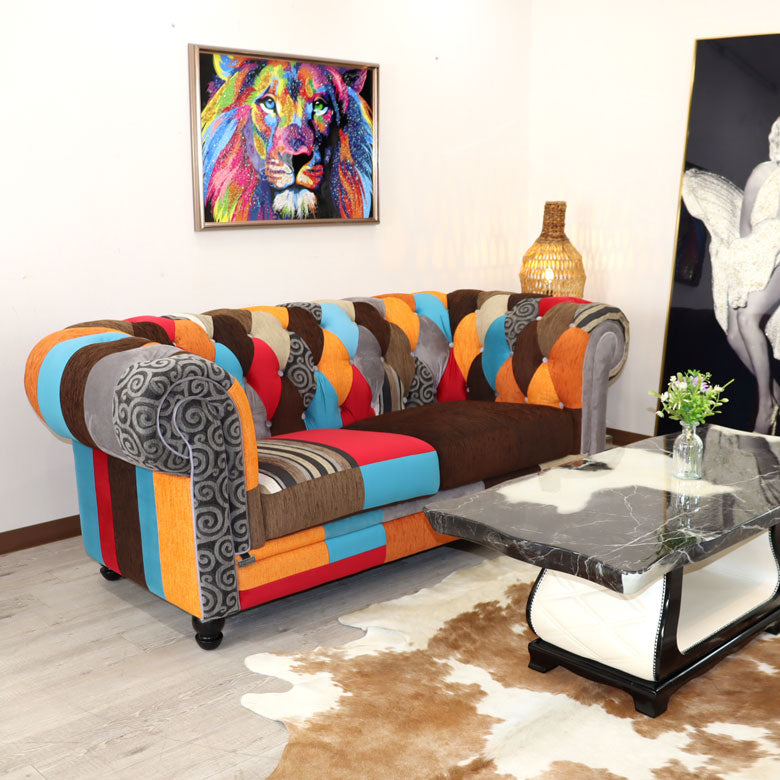 パッチワーク ソファ 2.5Pソファ カラフル 二人がけ 映え ソファー チェスターフィールド調