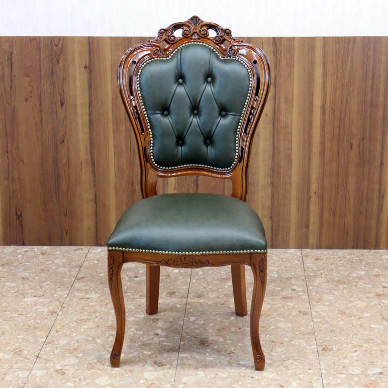 イタリア ダイニングチェア 本革 グリーン 木製 猫脚 20S/GRL