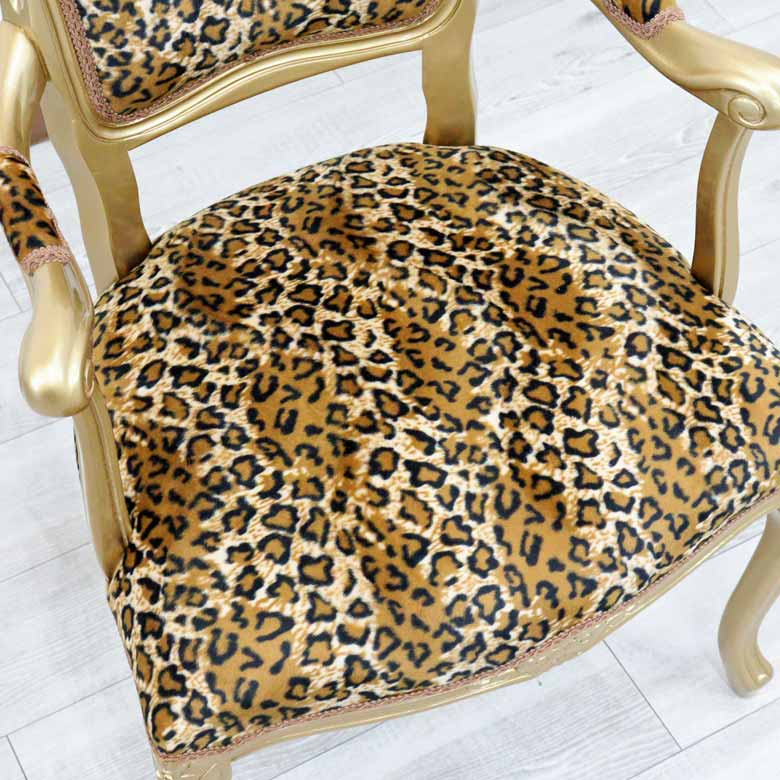 アームチェア イタリア ヒョウ柄・ゴールド 木製 猫脚 サロンチェア