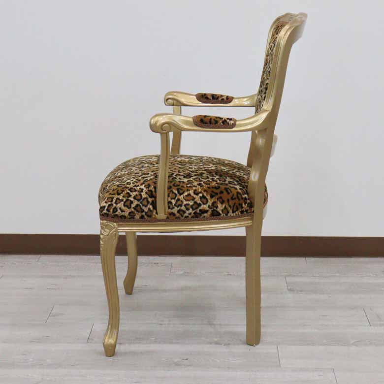 アームチェア イタリア ヒョウ柄・ゴールド 木製 猫脚 サロンチェア