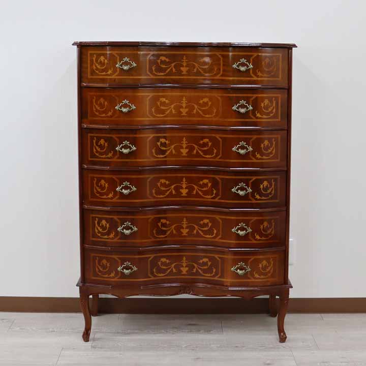 イタリア 6段チェスト 象嵌 88cm 猫脚 054/6