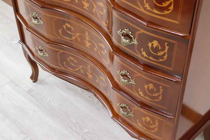 イタリア 4段 チェスト 茶 88cm 象嵌 猫脚 054/5