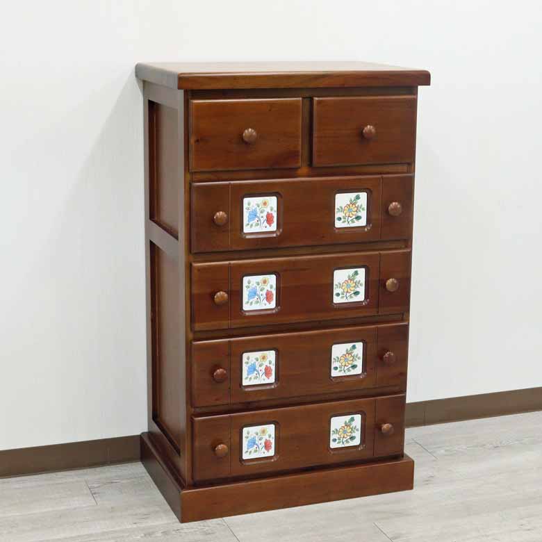 カントリー 5段チェスト マホガニー タイル チェスト