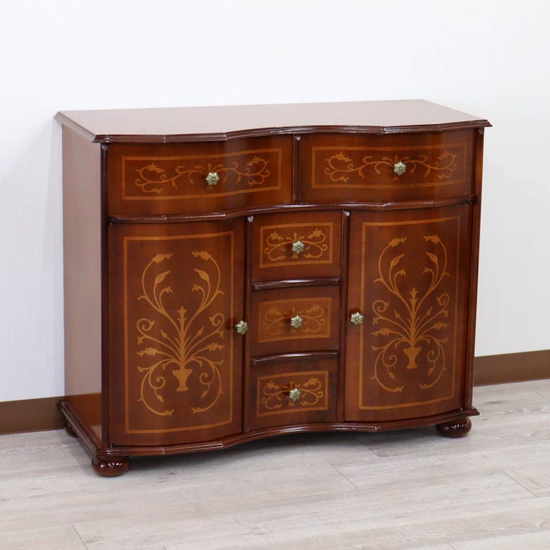 チェスト 木製 象嵌 丸脚 ローキャビネット 87cm サイドボード 119TS