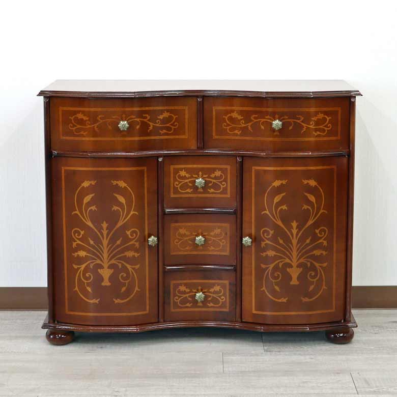 チェスト 木製 象嵌 丸脚 ローキャビネット 87cm サイドボード 119TS