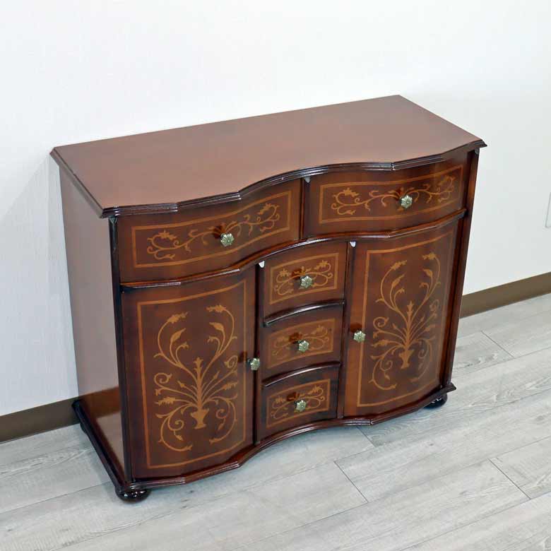 チェスト 木製 象嵌 丸脚 ローキャビネット 87cm サイドボード 119TS