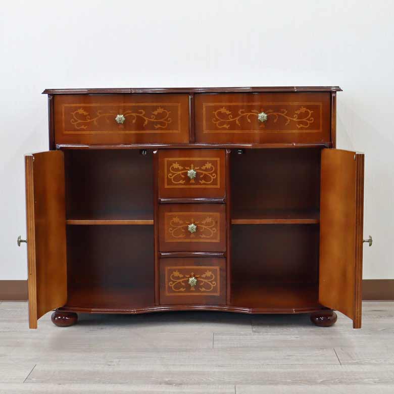 チェスト 木製 象嵌 丸脚 ローキャビネット 87cm サイドボード 119TS