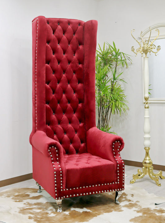 スーパーハイバックチェア レッド 一人掛け スタッズ ベロア 1Pソファ 王様の椅子
