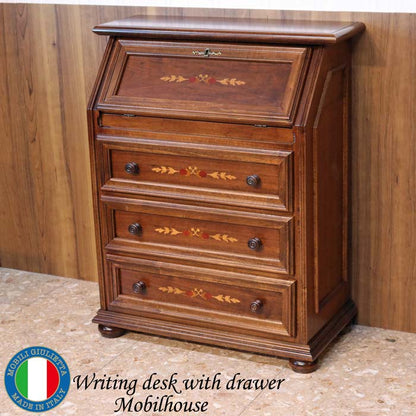 イタリア デスク ライティング ビューロー 3段 茶 象嵌