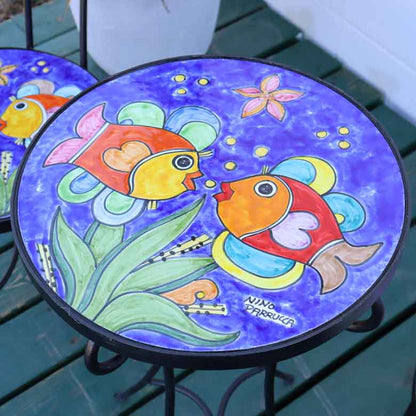 イタリア製 NINO PARRUCCA 39cm ガーデンテーブルセット 海の魚 テーブル1台・チェア2脚  シチリア陶器