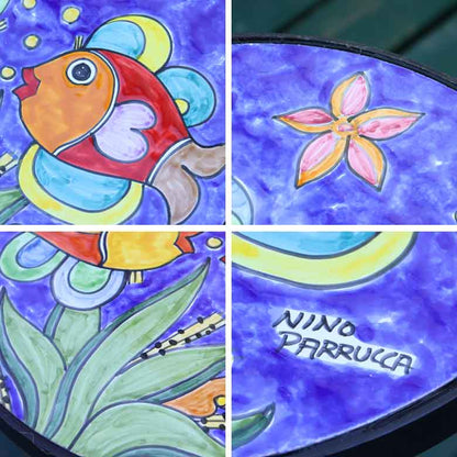 イタリア製 NINO PARRUCCA 39cm ガーデンテーブルセット 海の魚 テーブル1台・チェア2脚  シチリア陶器