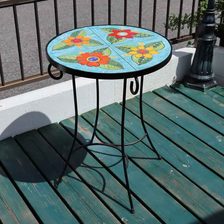 イタリア製 NINO PARRUCCA ガーデンテーブル 3点セット 55cm 花柄 シチリア陶器 アイアンチェア2脚 ベランダ カフェテーブルセット