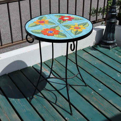 イタリア製 NINO PARRUCCA ガーデンテーブル 3点セット 55cm 花柄 シチリア陶器 アイアンチェア2脚 ベランダ カフェテーブルセット