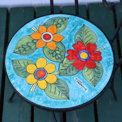 イタリア製 NINO PARRUCCA ガーデンテーブル 3点セット 55cm 花柄 シチリア陶器 アイアンチェア2脚 ベランダ カフェテーブルセット