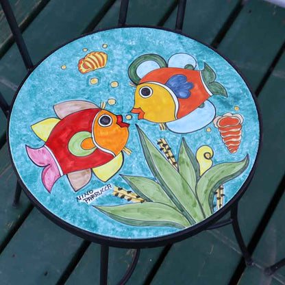 イタリア製 NINO PARRUCCA 39cm ガーデンテーブルセット 海の魚/ターコイズブルー テーブル1台・チェア2脚  シチリア陶器