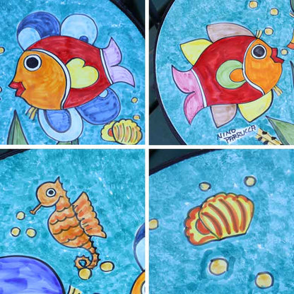 イタリア製 NINO PARRUCCA 39cm ガーデンテーブルセット 海の魚/ターコイズブルー テーブル1台・チェア2脚  シチリア陶器