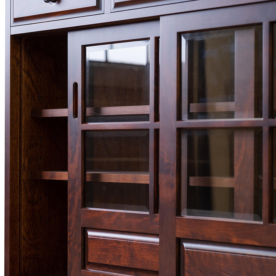 北海道民芸家具 国産家具 W120 cm 茶棚 食器棚 キャビネット ガラス棚 ブラウン 北海 アンティーク