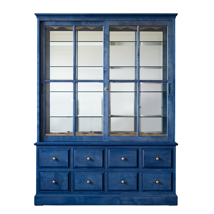 北海道民芸家具 国産家具 135cm キャビネット 食器棚 飾り棚 ガラス棚 ネイビー ブルー 北海