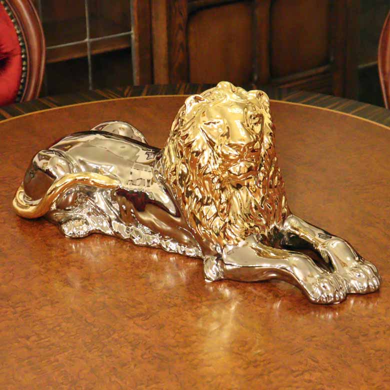 イタリア ライオン AHURA 陶器 置物 オブジェ 風水 縁起物 獅子 プラチナゴールド