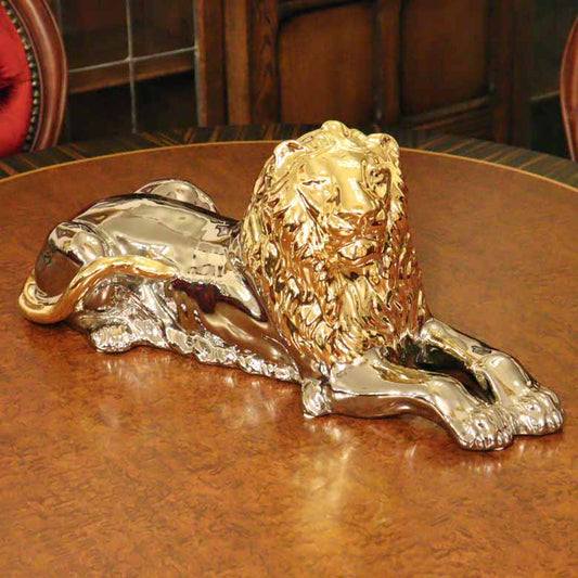 イタリア ライオン AHURA 陶器 置物 オブジェ 風水 縁起物 獅子 プラチナゴールド