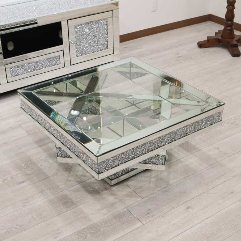 ミラー家具 リビングテーブル ローテーブル 80cm ガラステーブル