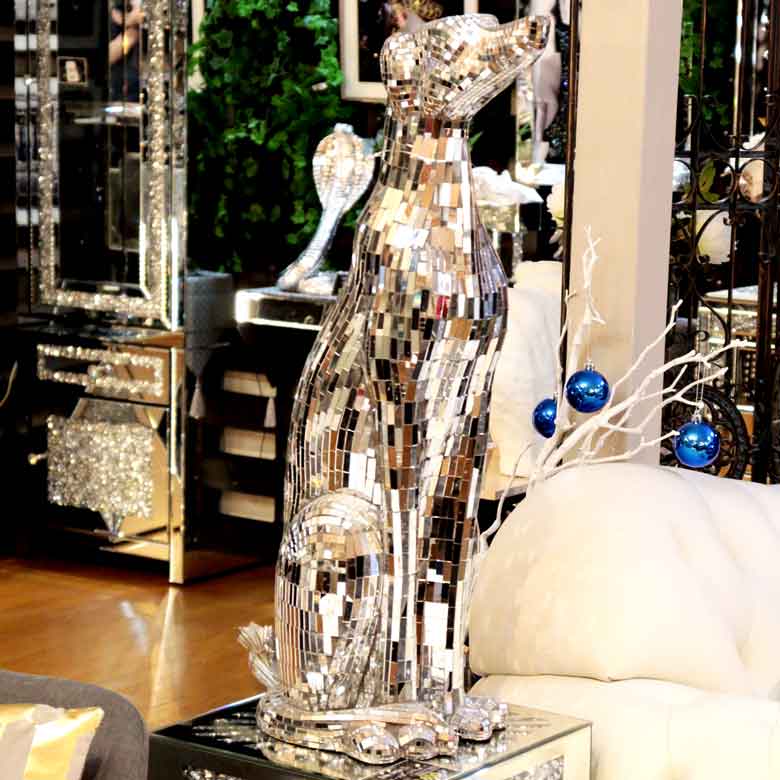 犬の置物 オブジェ ミラー張り 風水 縁起物 オーナメント