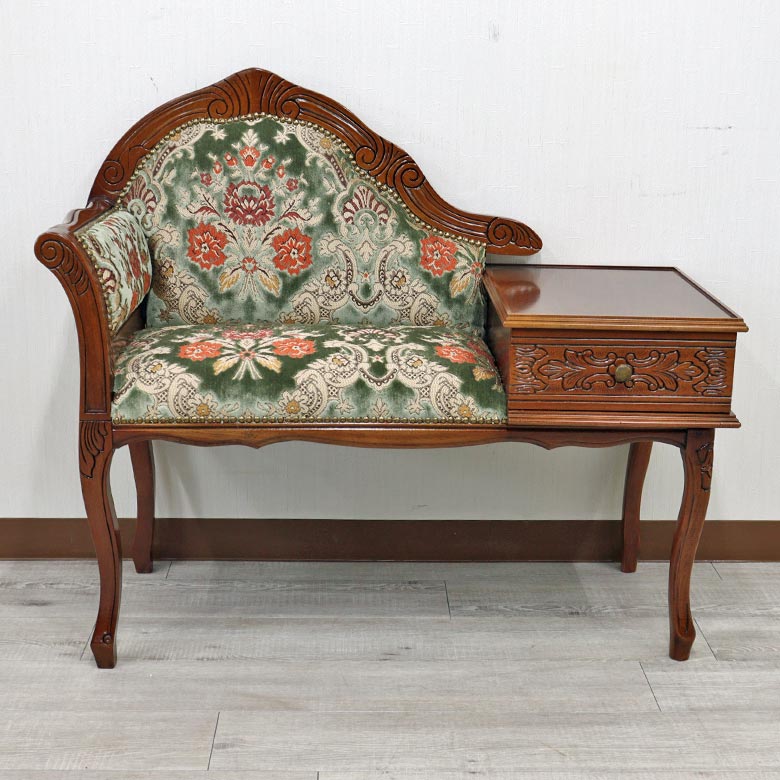 イタリア テレフォンベンチ ソファ 木製 グリーン・金華山 完成品