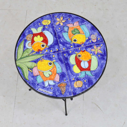 イタリア製 NINO PARRUCCA ガーデンテーブル 3点セット 55cm 海の魚 シチリア陶器 アイアンチェア2脚 ベランダ カフェテーブルセット