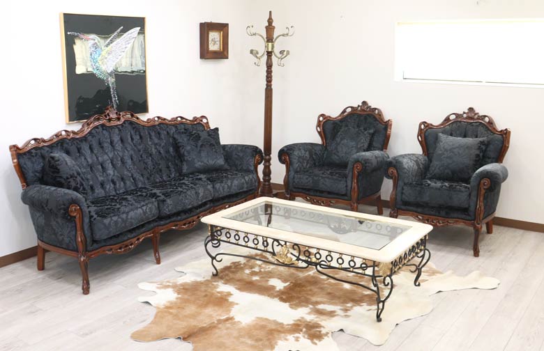 イタリア 3Pソファ ダマスク・ブラック  3人掛け 完成品