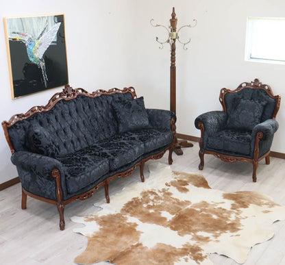 イタリア 3Pソファ ダマスク・ブラック  3人掛け 完成品