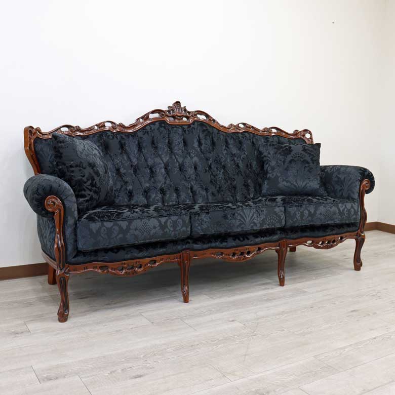 イタリア 3Pソファ ダマスク・ブラック  3人掛け 完成品