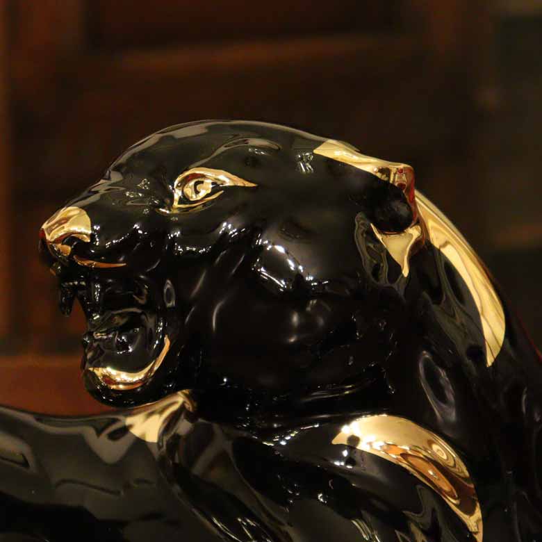 イタリア レオパード AHURA 陶器 置物 オブジェ 風水 縁起物 パンサー ブラックゴールド