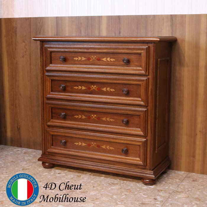 イタリア 4段 チェスト 茶 象嵌 リビングチェスト 丸脚 完成品