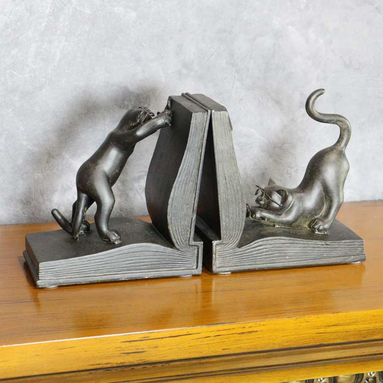 樹脂製 猫のブックエンド アンティーク調 ブラック 猫雑貨