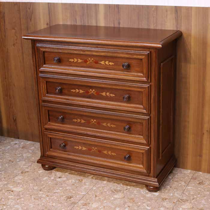 イタリア 4段 チェスト 茶 象嵌 リビングチェスト 丸脚 完成品