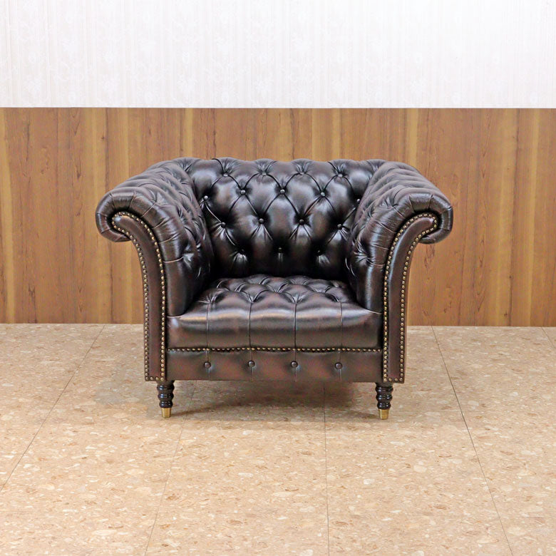 総革張りソファー チェスターフィールド 1人掛け ブラウン 1人掛け 本革