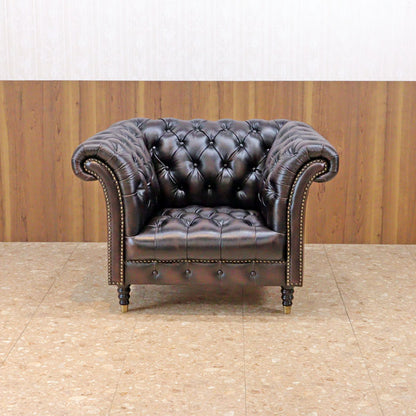 総革張りソファー チェスターフィールド 1人掛け ブラウン 1人掛け 本革