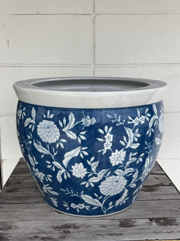 水鉢 大型 藍色花鳥 特大 13号 火鉢 鉢カバー