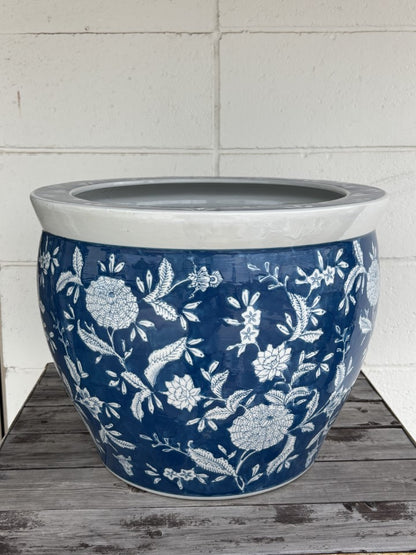 水鉢 大型 藍色花鳥 特大 13号 火鉢 鉢カバー