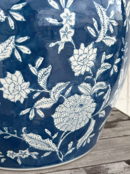 水鉢 大型 藍色花鳥 特大 13号 火鉢 鉢カバー
