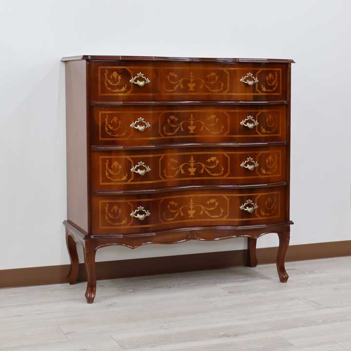 イタリア 4段 チェスト 茶 88cm 象嵌 猫脚 054/4